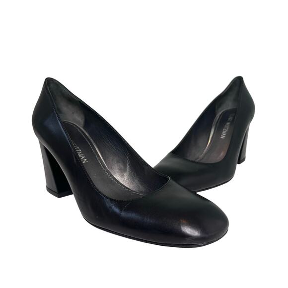 Stuart Weitzman Black Leather Block Heel Pump Rounded Square Toe 10 - Picture 1 of 8